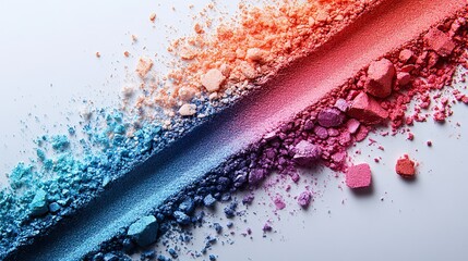Crushed and smeared gradient colorful eye shadow fills a white background with rich cosmetic textures and striking pink, orange, blue, and turquoise hues.