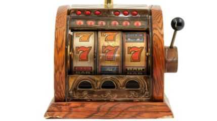 Vintage slot machine showing triple sevens on transparent background