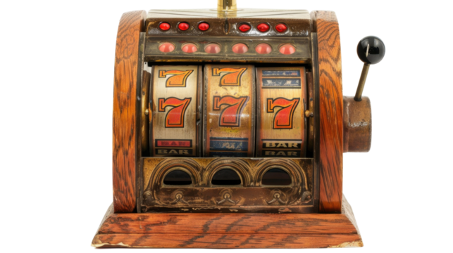 Vintage slot machine showing triple sevens on transparent background