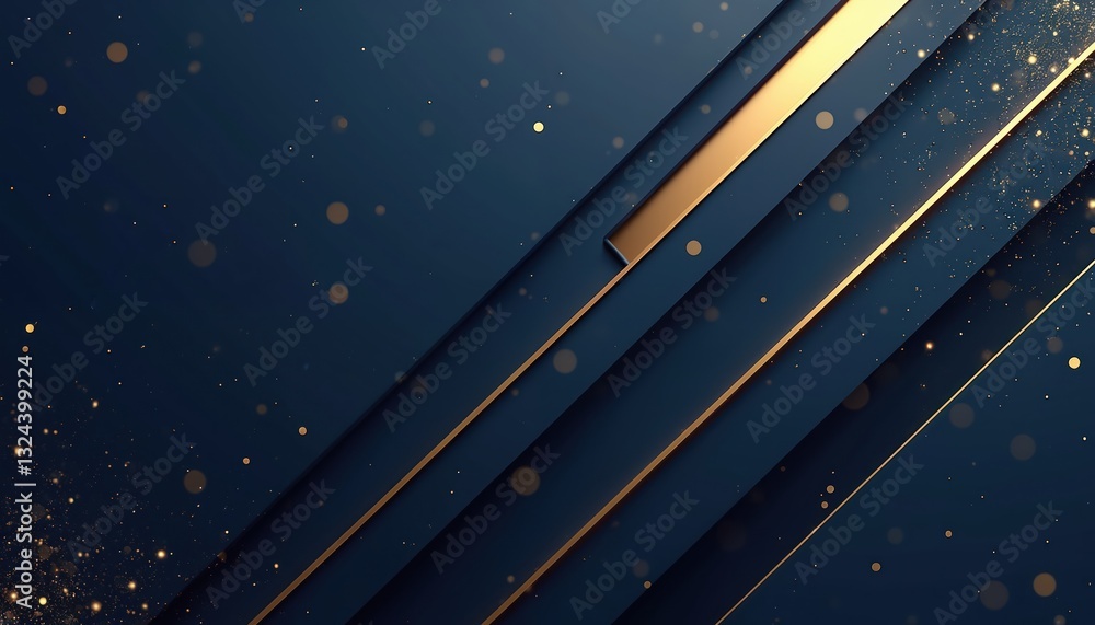 Poster Blue abstract background with golden stripes and shiny bokeh elements. Elegant backdrop with geometric diagonal lines and light glitter particles for modern sophisticated design projects.