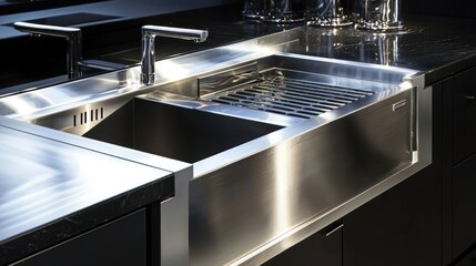 Obraz premium Steel sink with grid, modern kitchen design, dark counters, and sleek tap