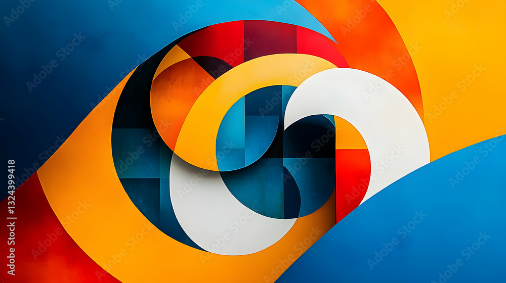 Poster vivid abstract design with intertwined colorful geometric shapes on a textured multicolored backgrou