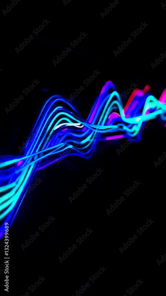 Poster dynamic neon light waves creating vibrant moving patterns in darkness