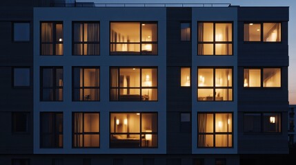 side view of modern apartment house windows, some of them with lights on, in the night, photoreal.