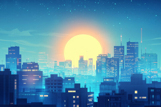 Retro background landscape 1980s style. Retro 80s sci-fi background city landscape. Futuristic background retro wave. Retro futuristic synth wave retro wave 80s styled night cityscape with big sunset