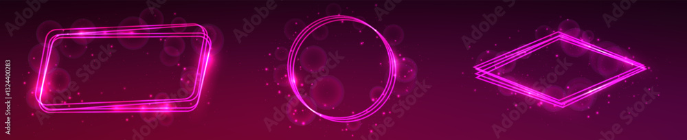 Poster set of three neon frames with shining effects and sparkles