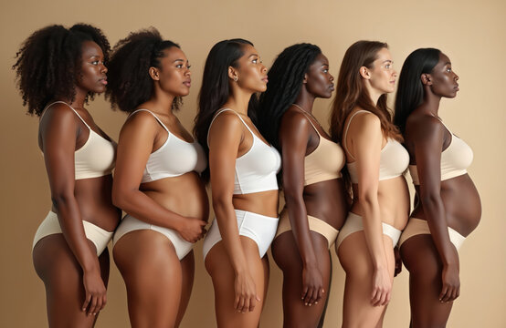Diverse women group poses in underwear standing in line. Multiethnic females with different body types, skin tones promote body positive acceptance, self-love, health care. Black pregnant woman - Powered by Adobe