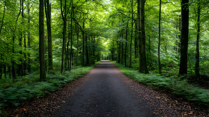 Obraz premium Lush Green Forest Path with Brown Leaf Covered Ground and Tall Trees in Sunlight