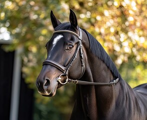 Obraz premium Black horse portrait with a white stripe across its head on a black background