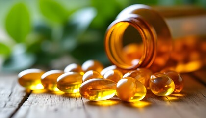 Gelatin Capsules and Amber Bottles on Wooden Surface with Green Leaves, Natural Supplements and Wellness