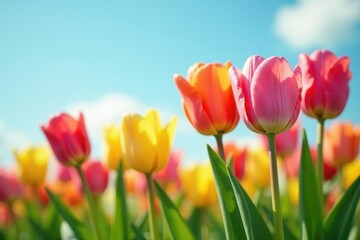 Colorful tulips swaying gently in the spring breeze, Flowers, Blooms