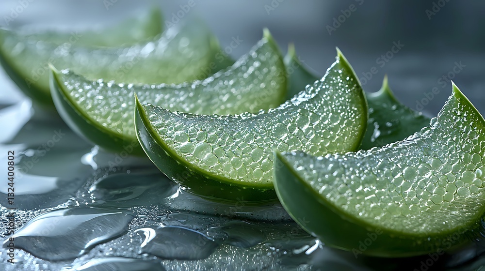 Poster fresh lime wedges with water drops arranged in row on dark reflective surface. macro shot highlighti