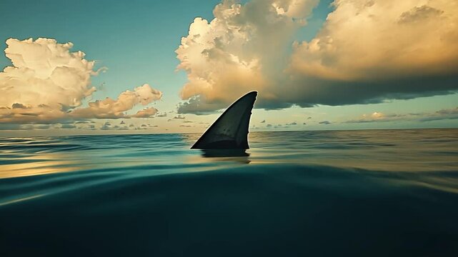 A lone shark fin pierces the ocean's surface under a sky painted with sunset hues