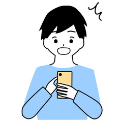 Clip art of a boy surprised to see the screen of a cell phone.