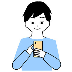 ニヤニヤ笑いながらスマートフォンを見る少年のイラスト