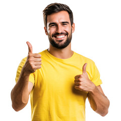 A man in a yellow t-shirt is smiling and giving a thumbs-up gesture on transparent background