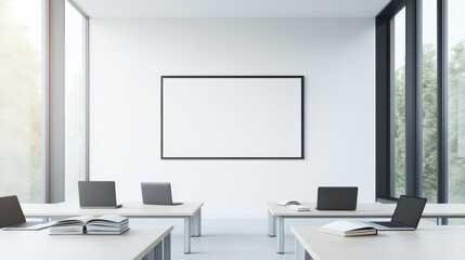 advanced educational technology setup in modern classroom featuring interactive digital whiteboards sleek laptops and