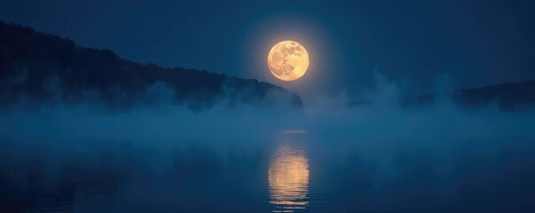 Full moon shining through misty water surface at night, dreamy atmosphere, gentle waves