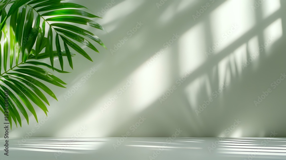 Poster minimalist scene with palm leaves casting window shadow on white wall, sunlight streaming through cr