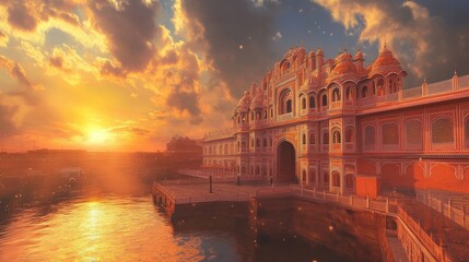 Fototapeta premium Hawa Mahal pink palace, Jaipur, India, sunset view.