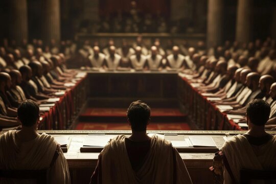 The vibrant political scene of the Roman Republic depicted by legislative debates among senators.