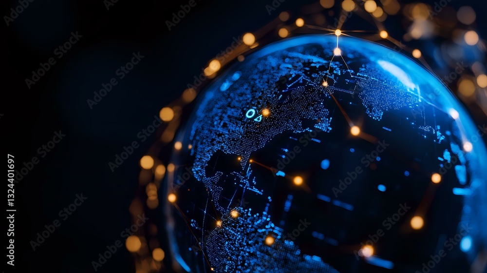 Poster glowing digital earth globe with connected network points and orange bokeh lights against dark backg