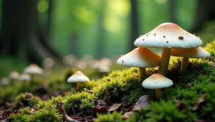 Fungal forest floor carpeted with white mushrooms, trees, serene, earthy