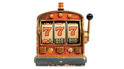 Vintage slot machine showing triple seven jackpot on transparent background