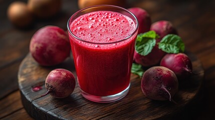 Beetroot smoothie on rustic wooden board with fresh beets