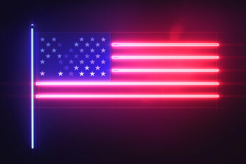 A glowing neon American flag with red and blue lights against a dark background. Neon light American flag, glowing tubes against a dark background, style modern nightlife patriotism