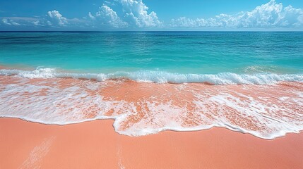 Crystal clear turquoise ocean waves gently roll onto a pristine pink beach, a serene tropical paradise for summer and travel.