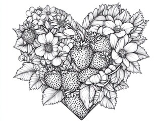 Floral heart, strawberries, flowers, love, line art,  greeting card design