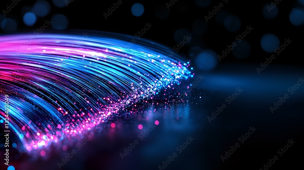 Aufkleber glowing optical fiber strands emit pink and blue light particles against dark background, creating d