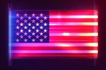 A glowing neon American flag with red and blue lights against a dark background. Neon light American flag, glowing tubes against a dark background, style modern nightlife patriotism