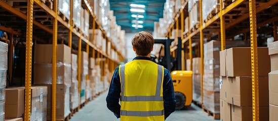A storage worker operates in a customs warehouse, with blurred activities of a forklift in the background. 