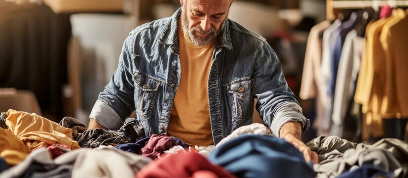 A dedicated middle-aged man sorts clothes for a charitable foundation.