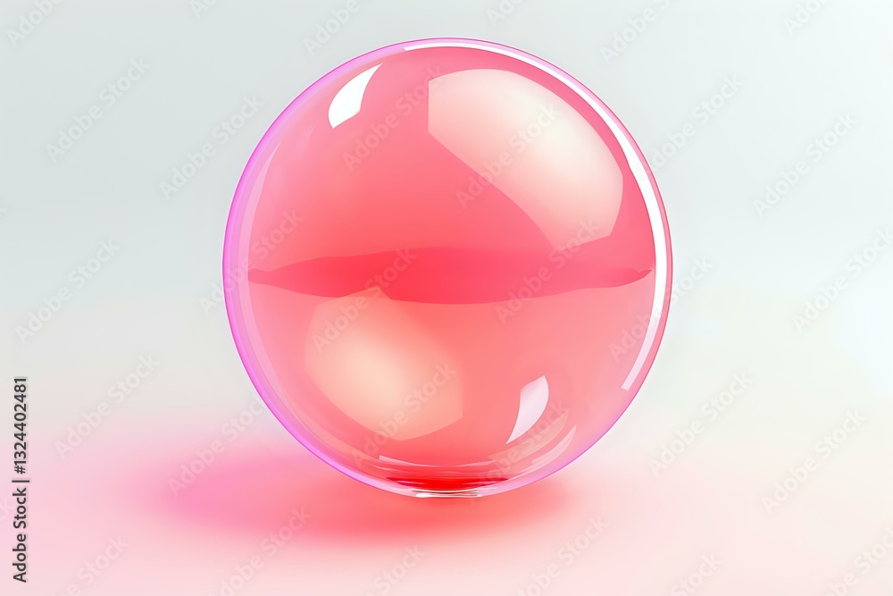 Poster pink transparent glass sphere with light reflections on soft gradient background, isolated object fo