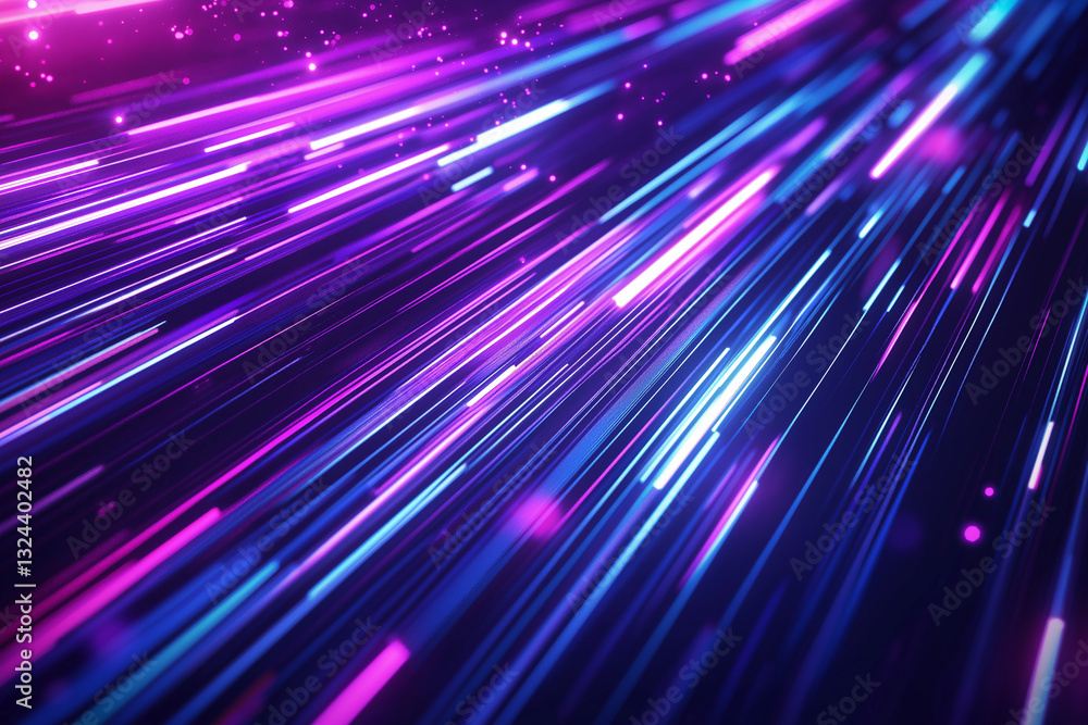 Poster abstract diagonal streaks of vibrant neon light on a dark background. a cascade of purple and blue l