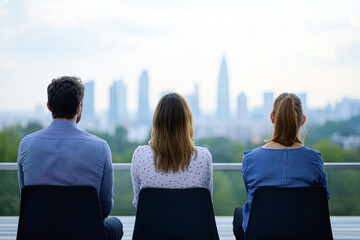 Fototapeta premium Three people observing a city skyline from a balcony.