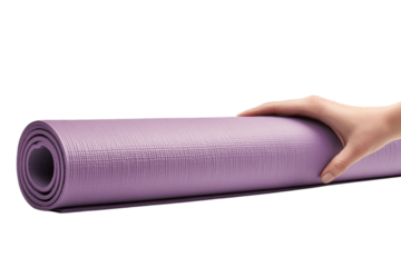 Unrolling a serene purple yoga mat in a calming indoor space ready for mindful practice isolated on transparent background