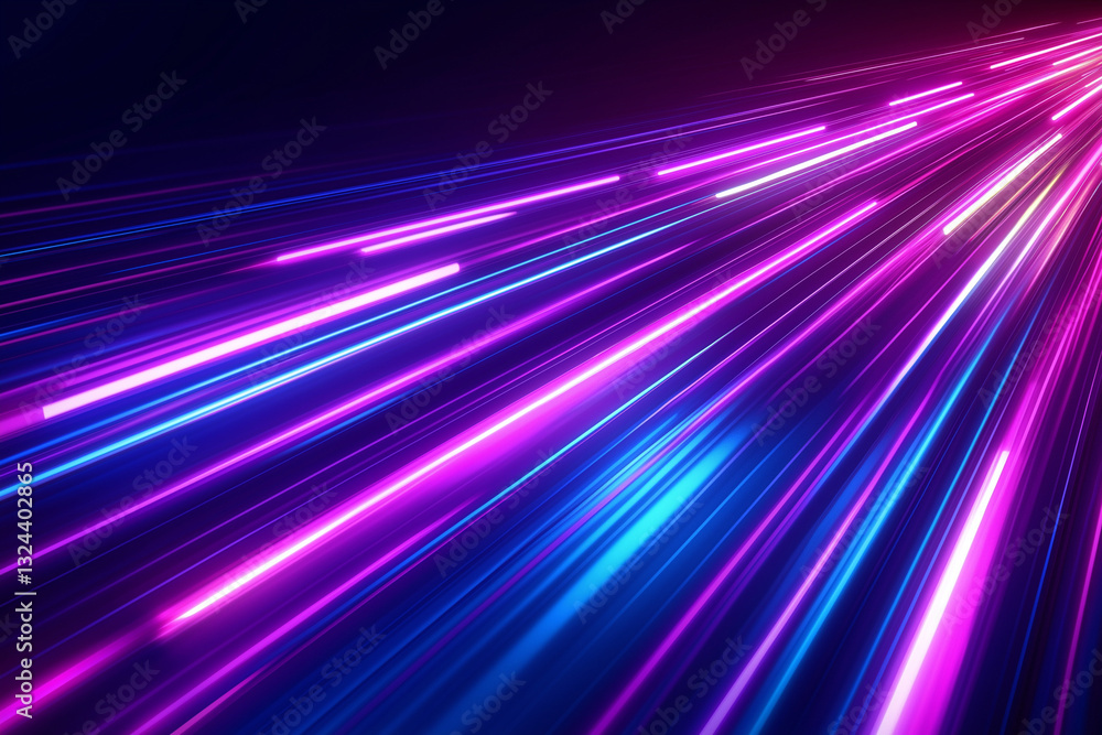 Poster abstract diagonal streaks of vibrant neon light on a dark background. a cascade of purple and blue l