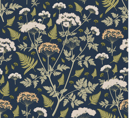 Seamless pattern. Beautiful pink blooming realistic isolated flowers. Vintage background. Set fern wildflowers. Wallpaper. Drawing engraving. Vector victorian Illustration © Наталья Лобенко