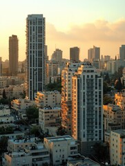 Obraz premium Contemporary residential complex featuring a sleek new apartment building in a bustling Israeli city, set against a backdrop of modern office buildings and urban scenery.