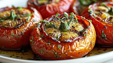 Fototapeta premium Stuffed tomatoes, plate, close-up. Topped with herbs, glossy skin
