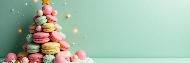 Obraz premium Macaroon Christmas tree with neutral pastel ornaments, holiday desserts, christmas decorations, simple light background