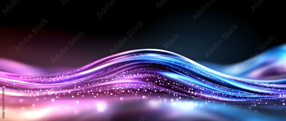 Poster abstract flowing waves with glowing particles in pink and blue colors against black background creat
