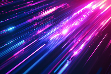 Abstract diagonal streaks of vibrant neon light on a dark background. A cascade of purple and blue lines suggests high-speed connectivity and digital data flow on an abstract plane