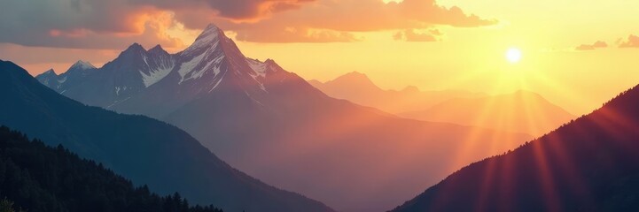 Fototapeta premium Majestic Smoky Mountain peaks bathed in warm golden light, sky, sun