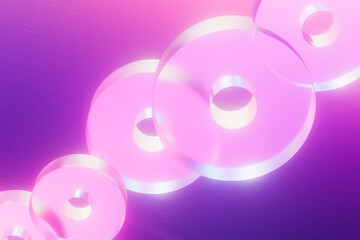  3D render of transparent pink discs with a soft neon glow