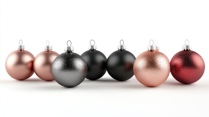 Metallic Christmas ornaments in black, silver, and rose gold on white background